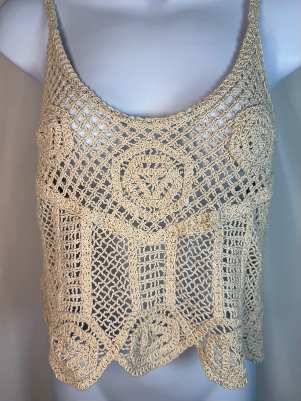 Zara Cream Tan Crochet Macrame Camisole Tank Top Open Knit Boho Festival Size S